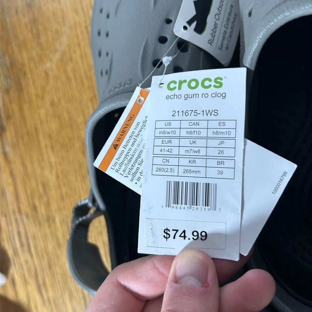 Crocs Mens Size 8 W's10 Echo Gum Ro Clog Slip On Gray Shoes